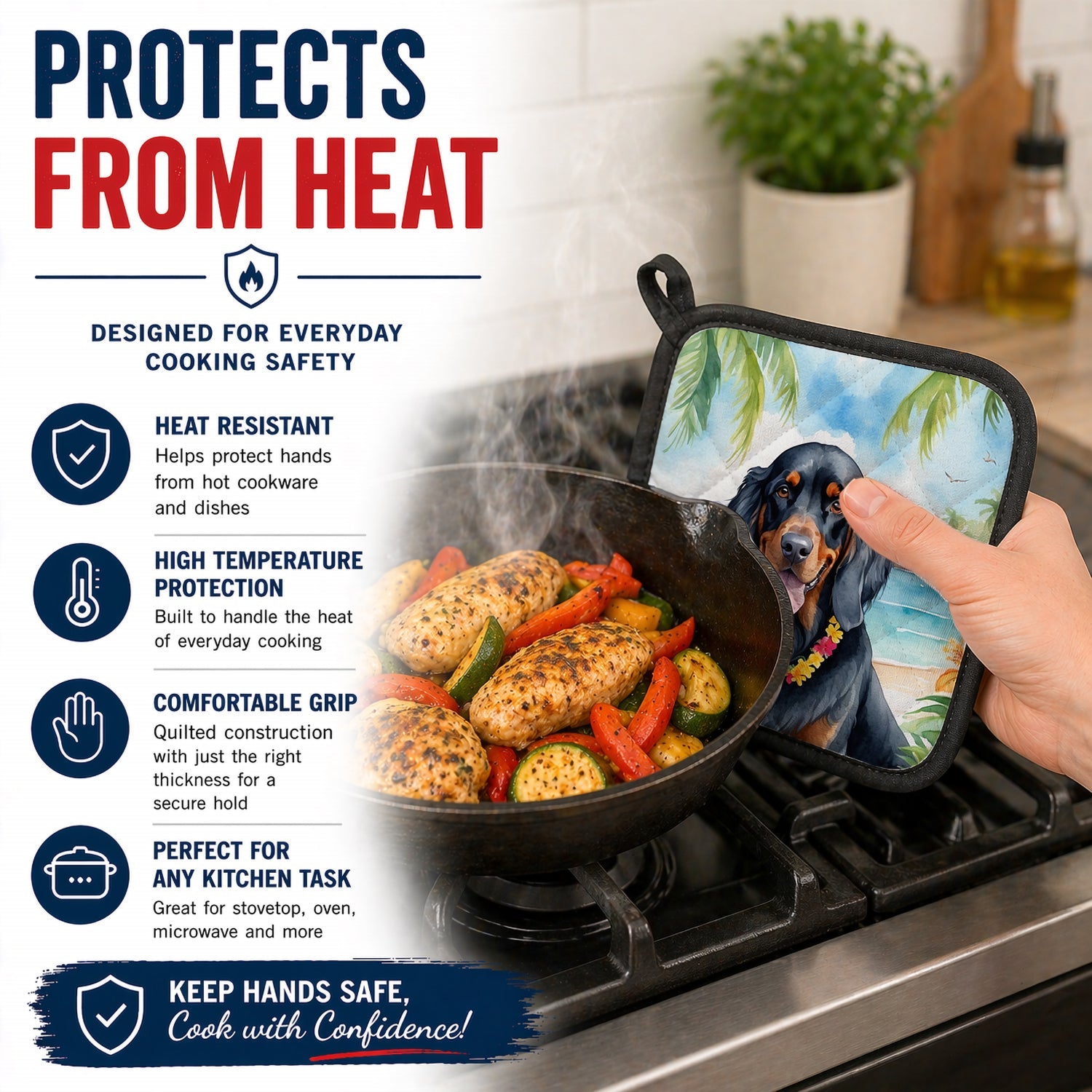 Gordon Setter Luau Pot Holder Set of 2 Heat Resistant Quilted Hot Pads 7.5 x 7.5 Inch, Insulated Kitchen Trivets for Cooking & Baking