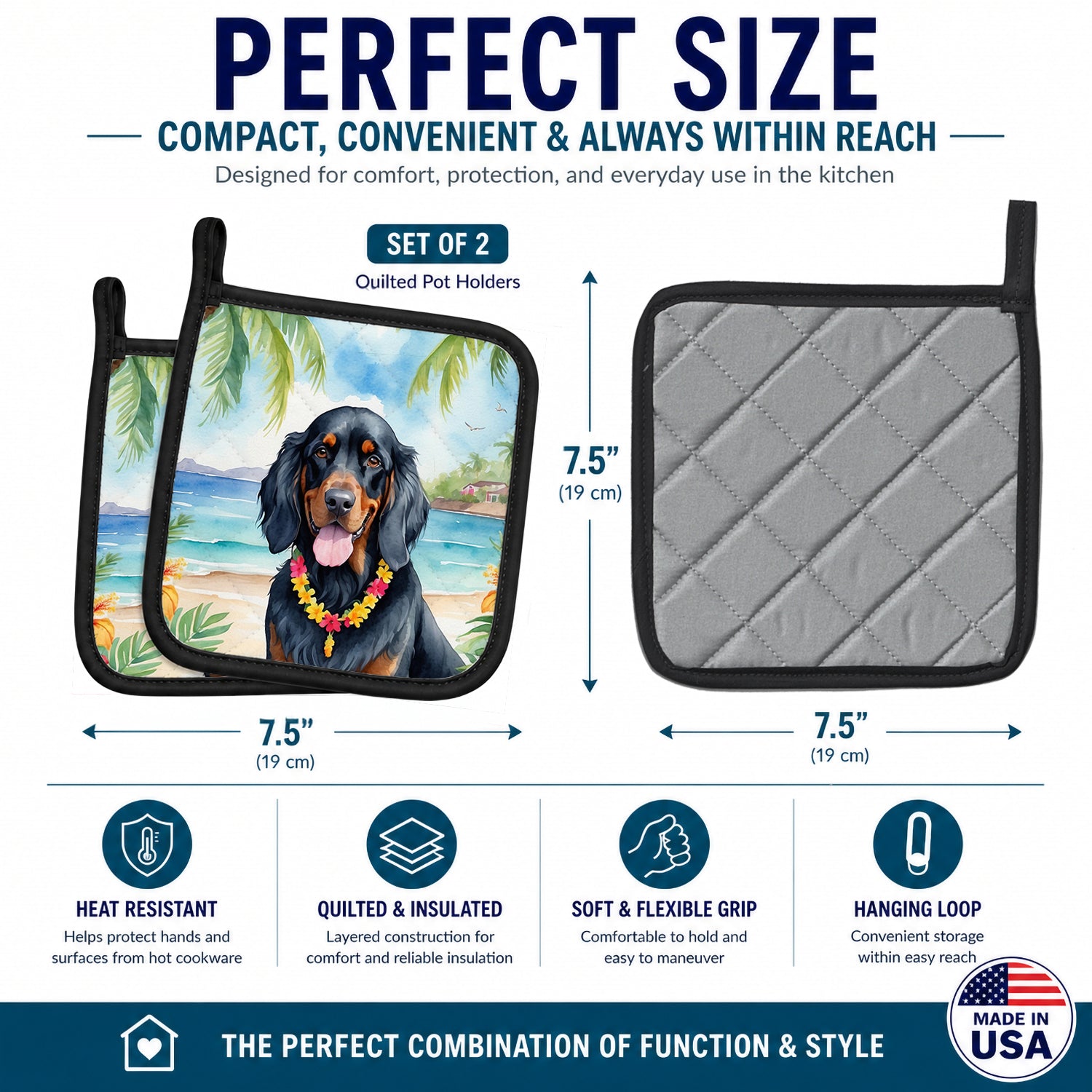 Gordon Setter Luau Pot Holder Set of 2 Heat Resistant Quilted Hot Pads 7.5 x 7.5 Inch, Insulated Kitchen Trivets for Cooking & Baking