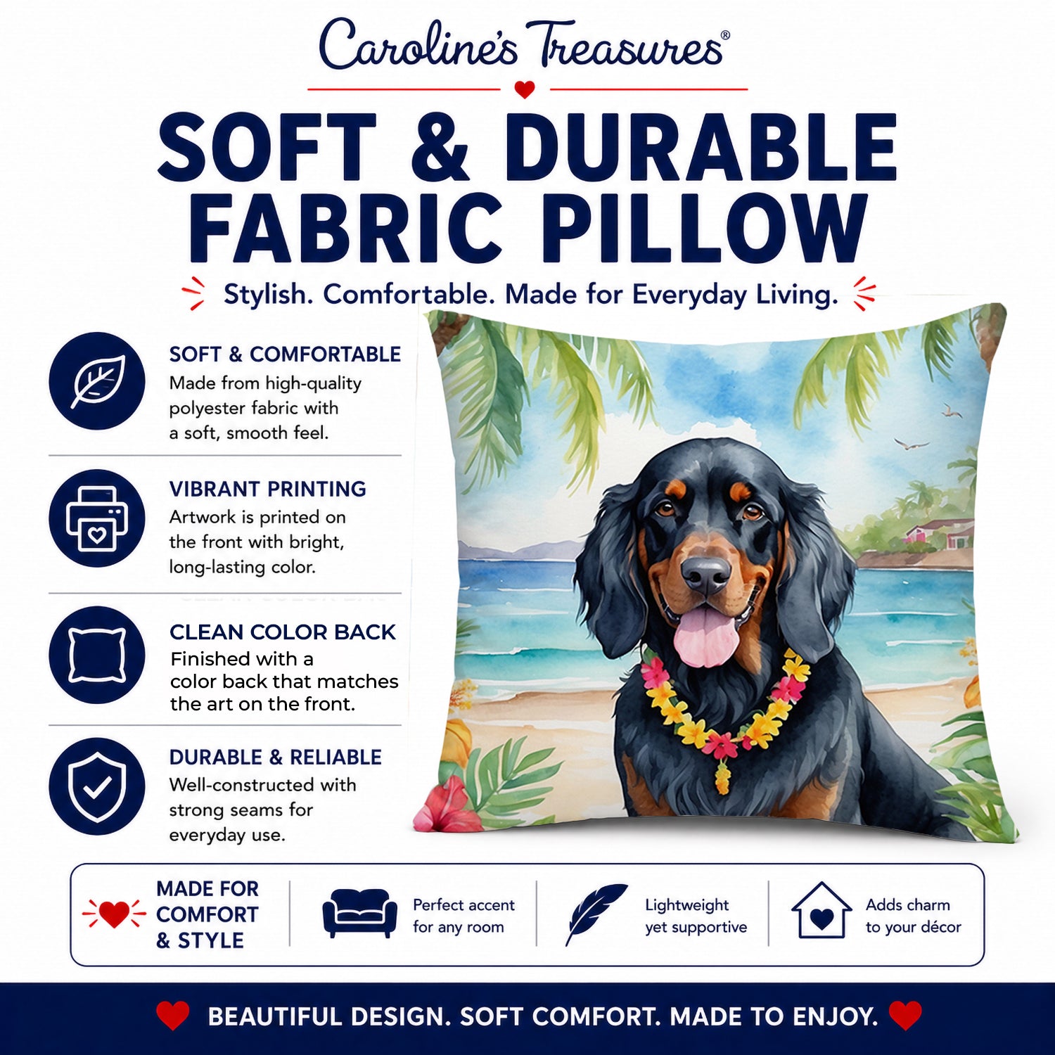 Gordon Setter Luau Decorative Throw Pillow 14x14 Indoor Outdoor Accent Cushion, Fabric Cover with Insert for Sofa, Bed, Porch & Living Room