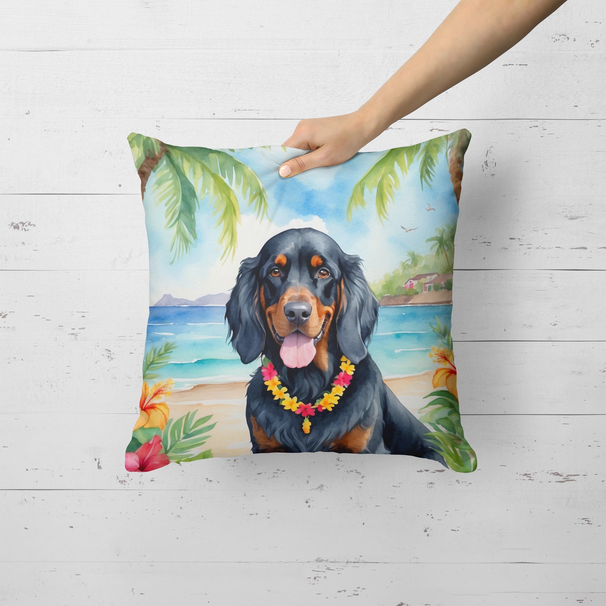 Gordon Setter Luau Decorative Throw Pillow 18x18 Indoor Outdoor Accent Cushion, Fabric Cover with Insert for Sofa, Bed, Porch & Living Room