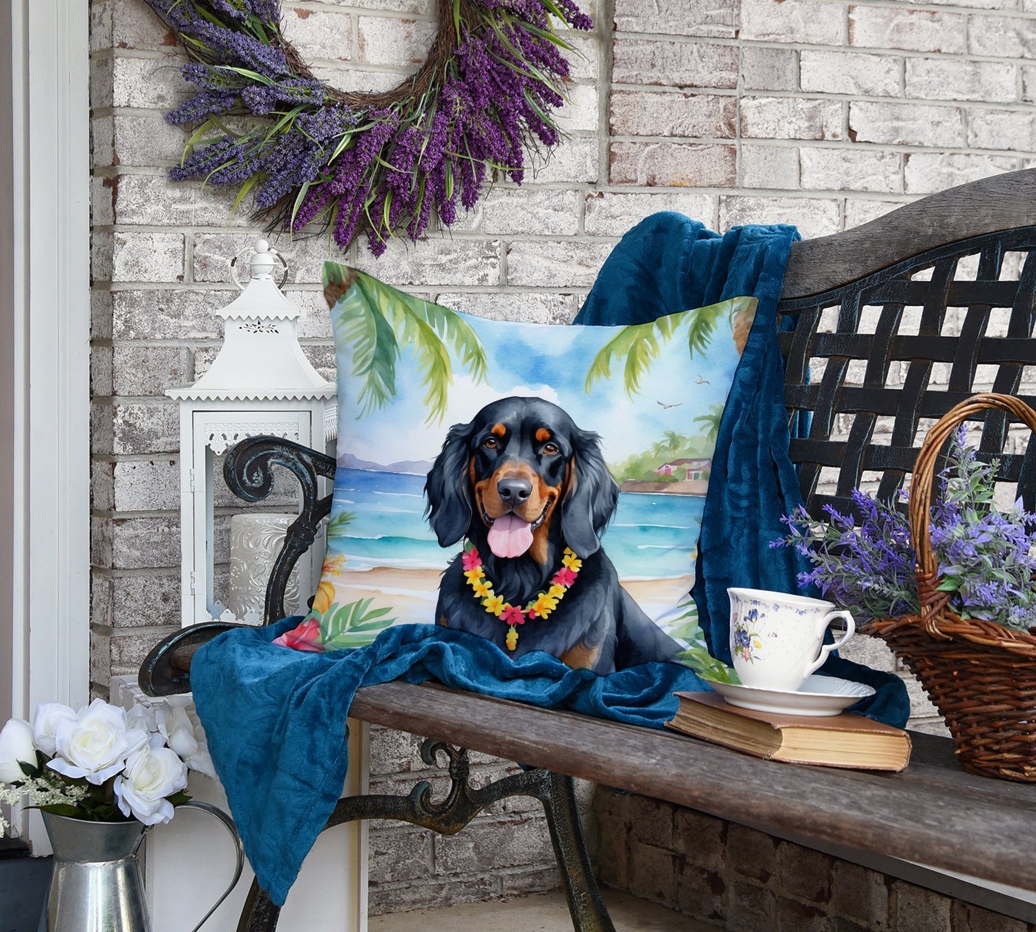 Gordon Setter Luau Decorative Throw Pillow 18x18 Indoor Outdoor Accent Cushion, Fabric Cover with Insert for Sofa, Bed, Porch & Living Room