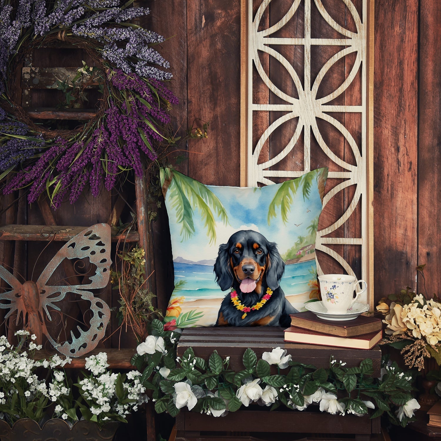 Gordon Setter Luau Decorative Throw Pillow 18x18 Indoor Outdoor Accent Cushion, Fabric Cover with Insert for Sofa, Bed, Porch & Living Room