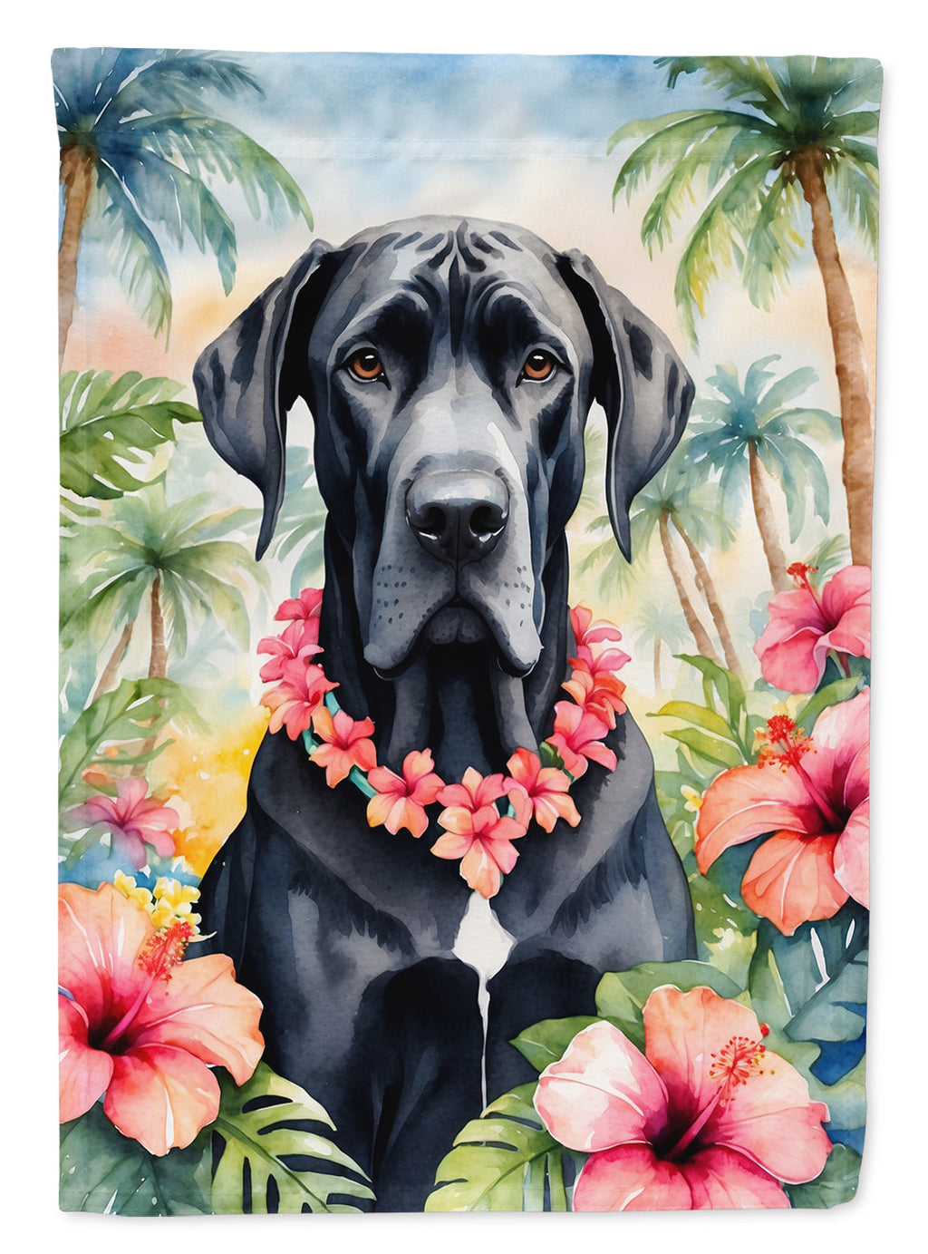 Great Dane Luau House Flag 28x40 Porch Sleeve Pole Decorative Outside Yard Banner Artwork Wall Hanging, Polyester
