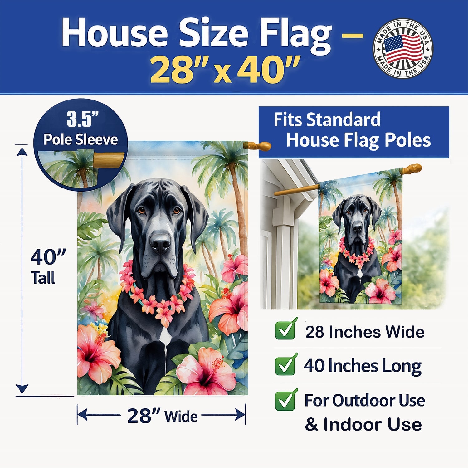 Great Dane Luau House Flag 28x40 Porch Sleeve Pole Decorative Outside Yard Banner Artwork Wall Hanging, Polyester