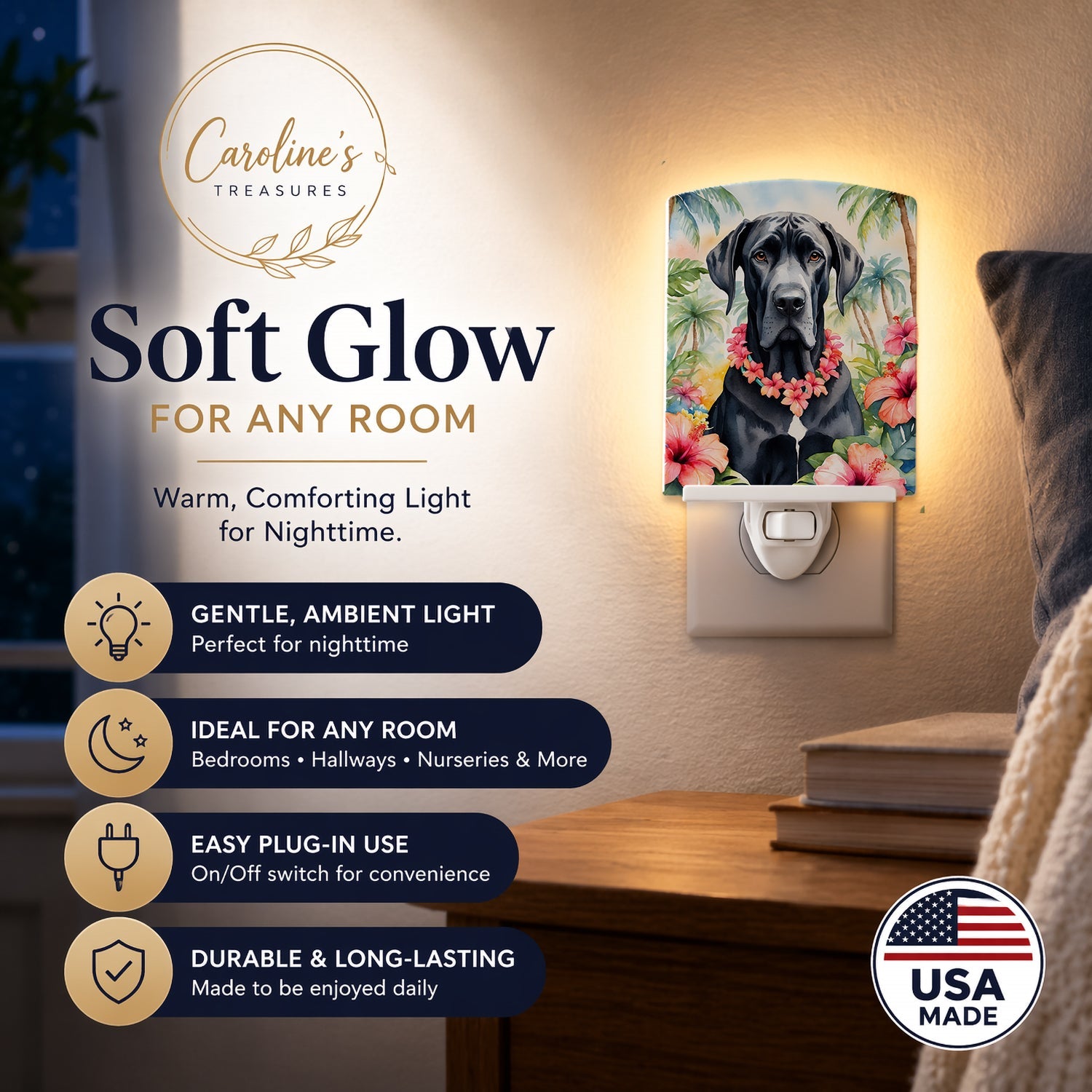 Great Dane Luau Ceramic Night Light Compact, UL-Certified, Ideal for Bedroom, Bathroom, Nursery, Hallway, Kitchen, 6x4x3, Multicolor