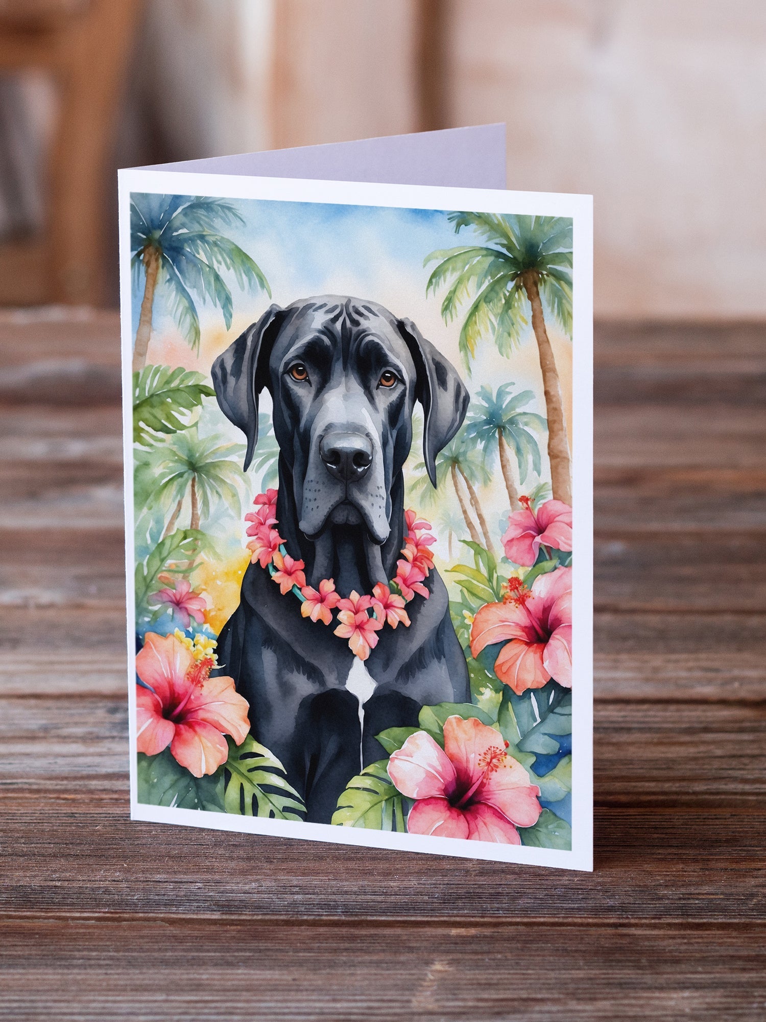 Great Dane Luau Greeting Cards Pack of 8 Blank Cards with Envelopes Whimsical A7 Size 5x7