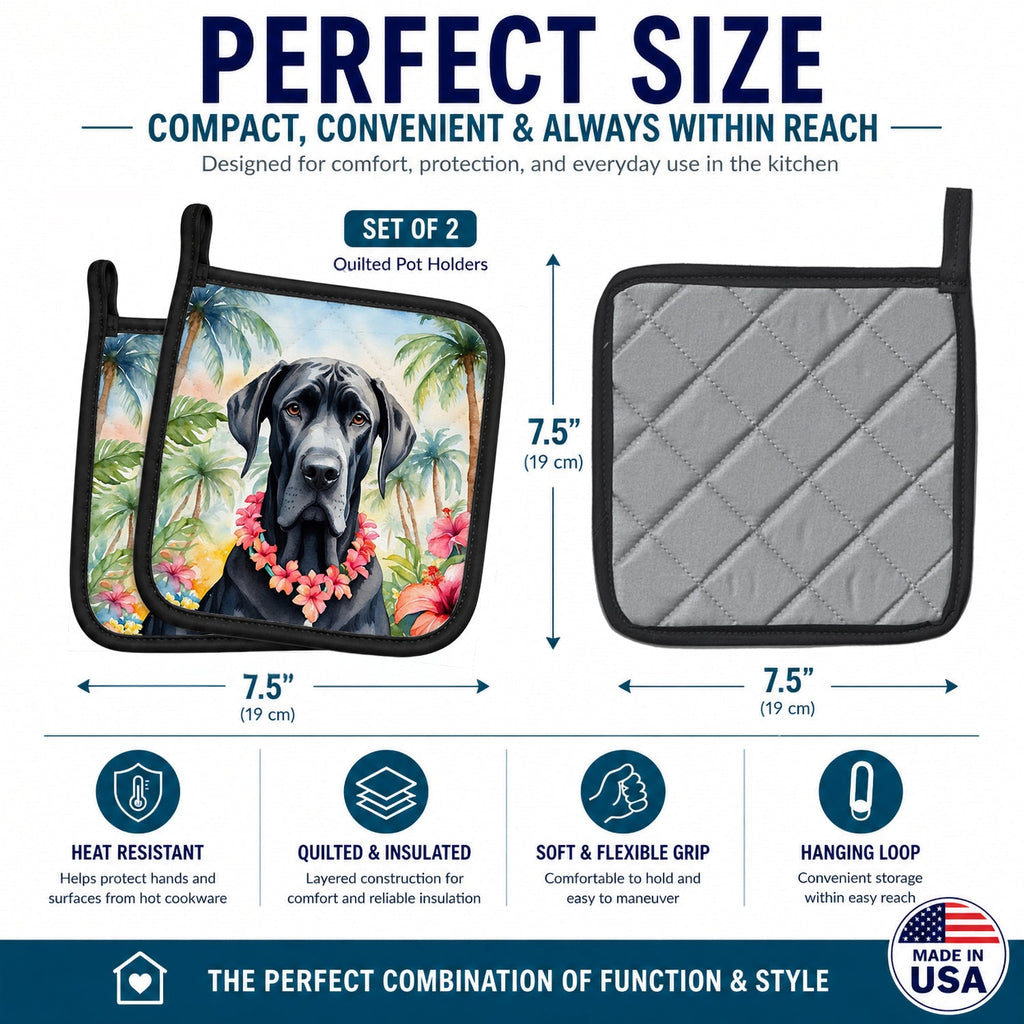 Great Dane Luau Pot Holder Set of 2 Heat Resistant Quilted Hot Pads 7.5 x 7.5 Inch, Insulated Kitchen Trivets for Cooking & Baking