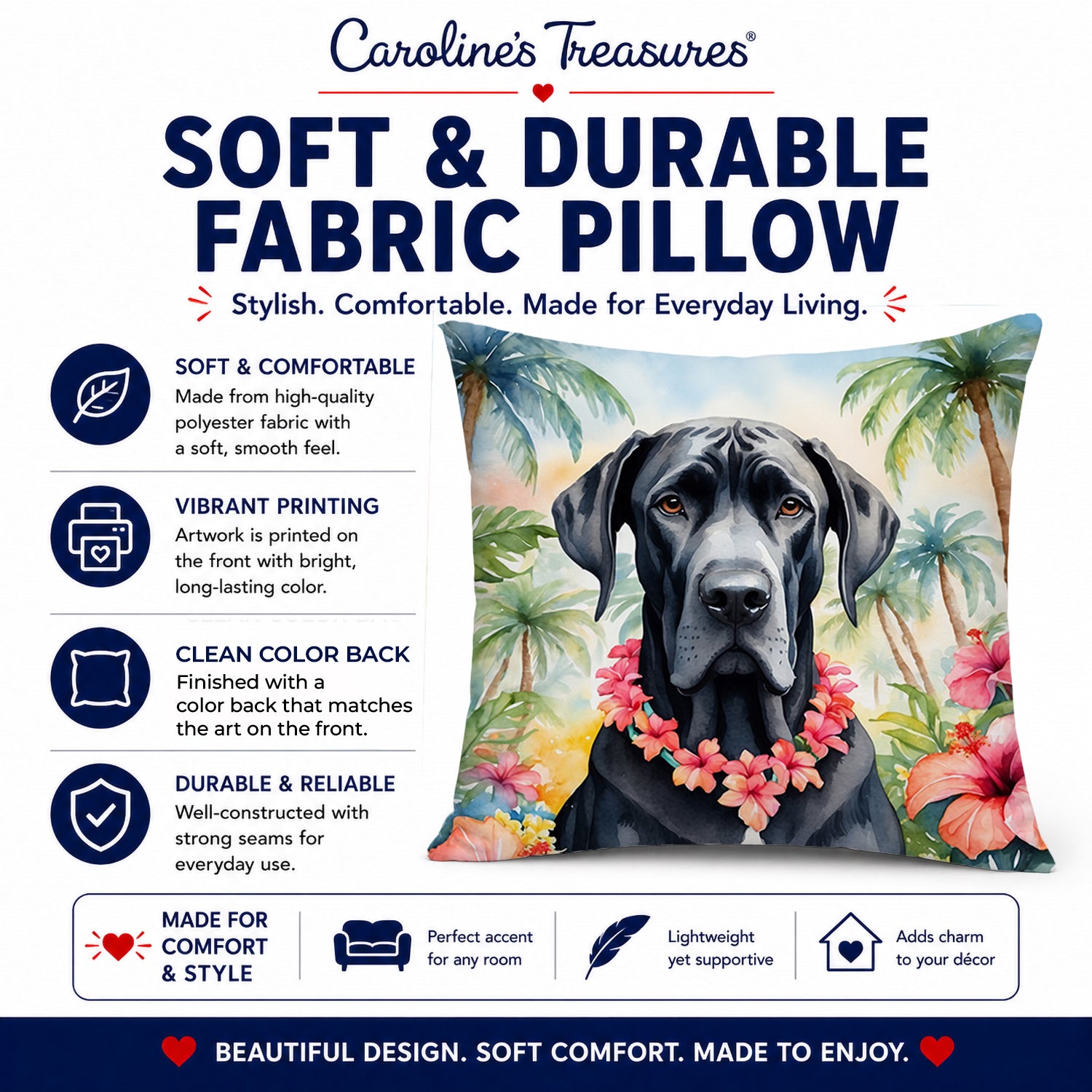 Great Dane Luau Decorative Throw Pillow 14x14 Indoor Outdoor Accent Cushion, Fabric Cover with Insert for Sofa, Bed, Porch & Living Room
