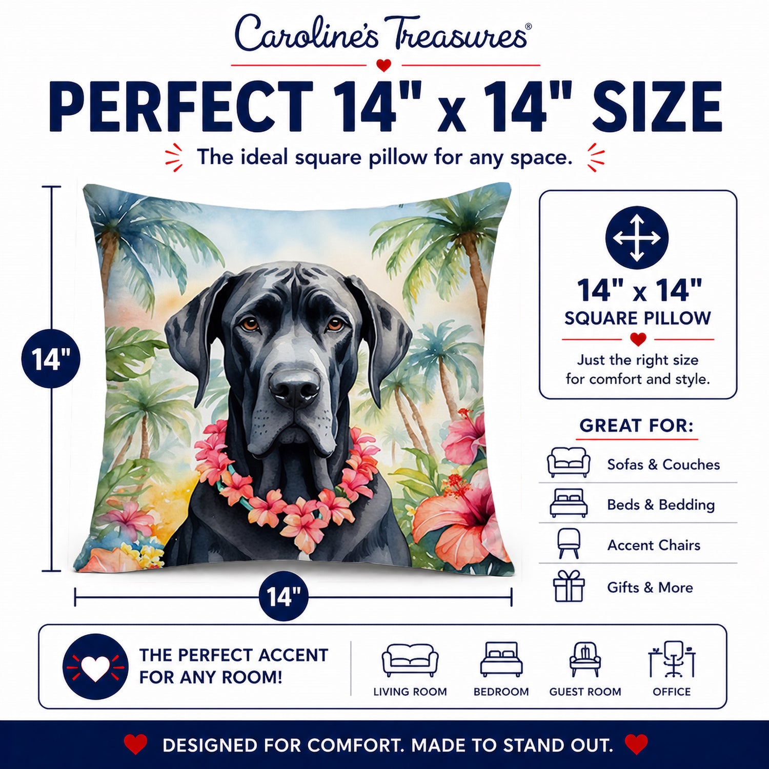 Great Dane Luau Decorative Throw Pillow 14x14 Indoor Outdoor Accent Cushion, Fabric Cover with Insert for Sofa, Bed, Porch & Living Room