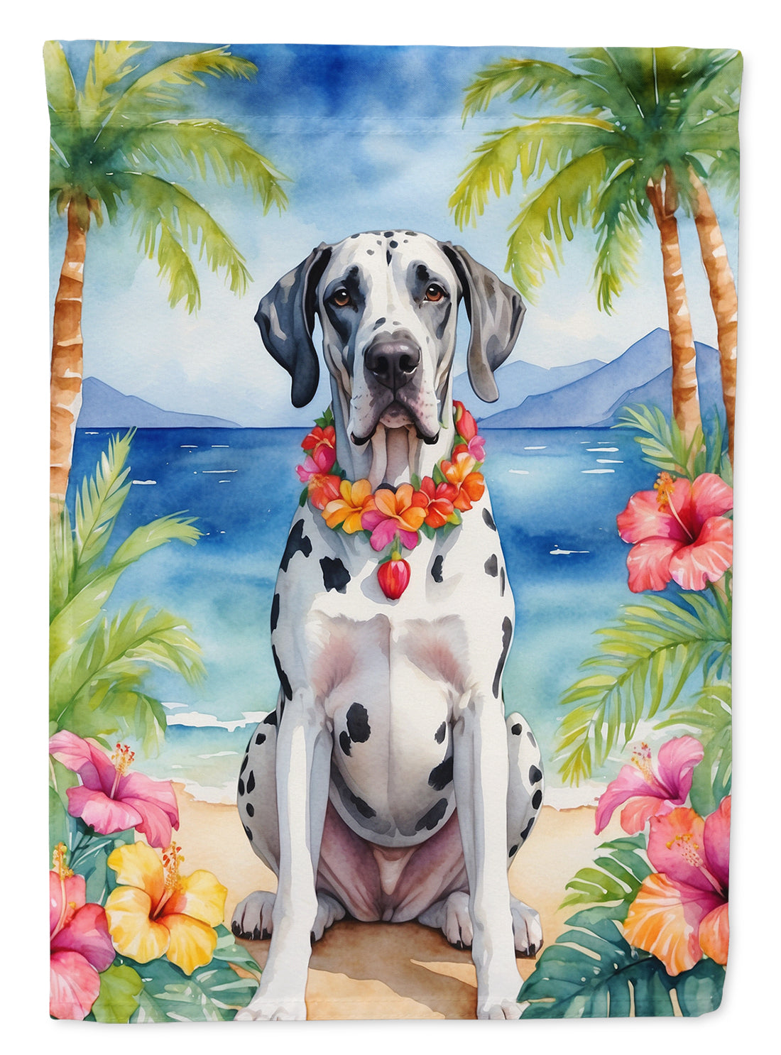 Great Dane Luau House Flag 28x40 Porch Sleeve Pole Decorative Outside Yard Banner Artwork Wall Hanging, Polyester
