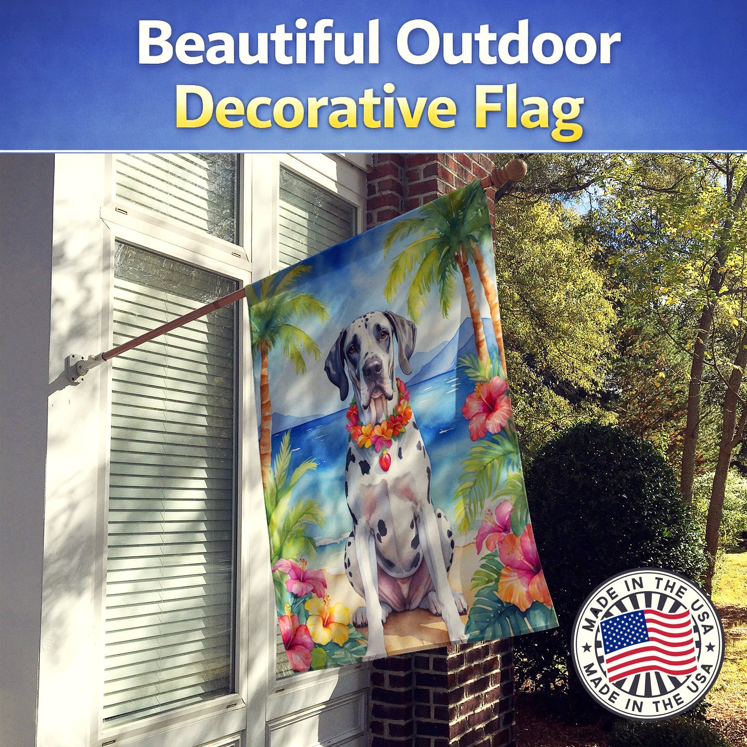 Great Dane Luau House Flag 28x40 Porch Sleeve Pole Decorative Outside Yard Banner Artwork Wall Hanging, Polyester