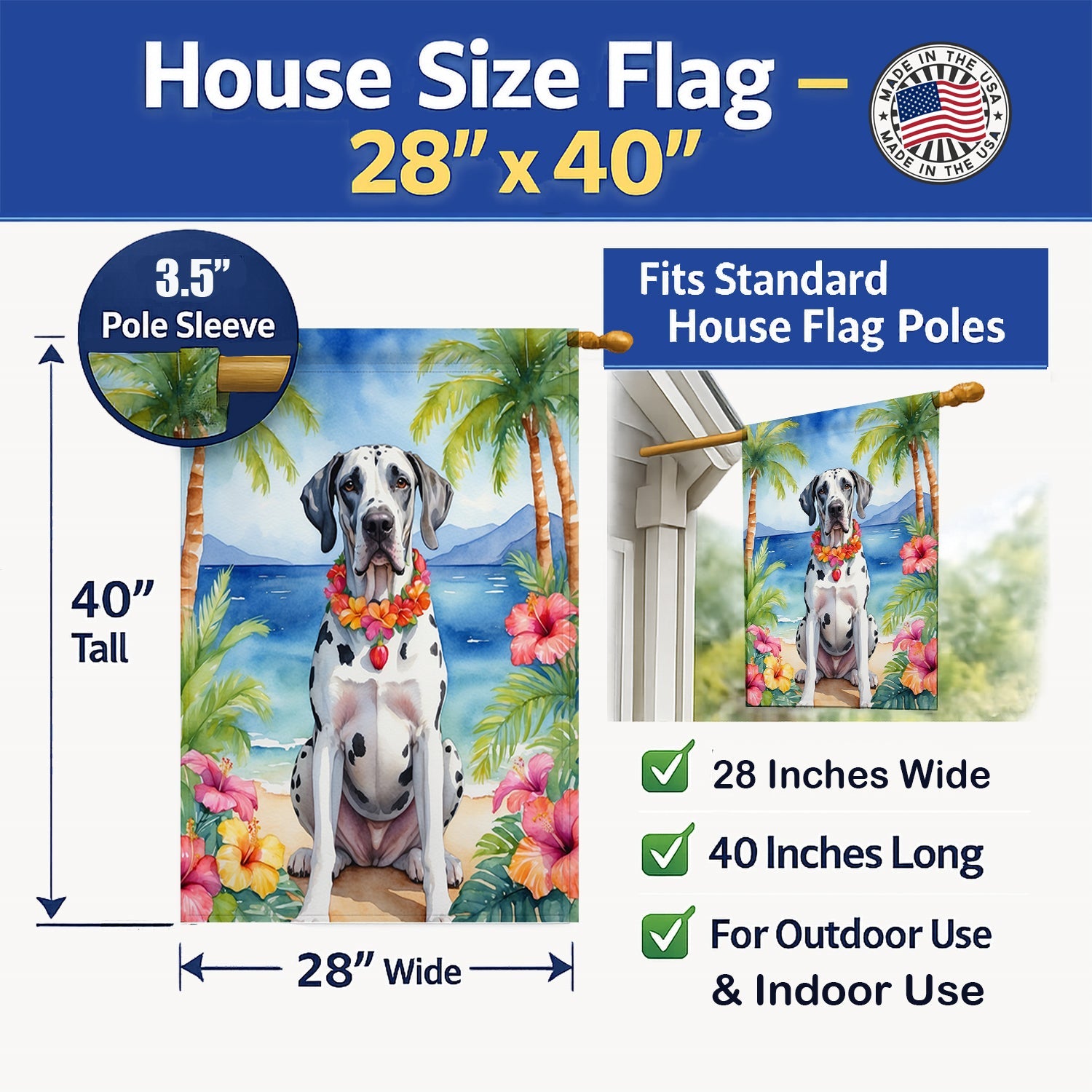 Great Dane Luau House Flag 28x40 Porch Sleeve Pole Decorative Outside Yard Banner Artwork Wall Hanging, Polyester