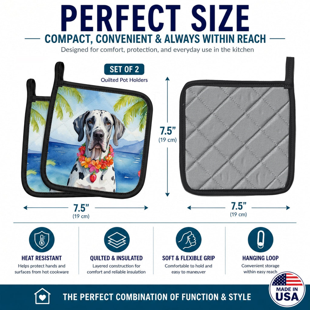 Great Dane Luau Pot Holder Set of 2 Heat Resistant Quilted Hot Pads 7.5 x 7.5 Inch, Insulated Kitchen Trivets for Cooking & Baking
