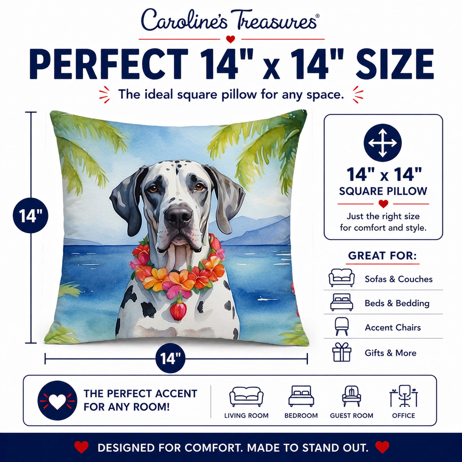 Great Dane Luau Decorative Throw Pillow 14x14 Indoor Outdoor Accent Cushion, Fabric Cover with Insert for Sofa, Bed, Porch & Living Room