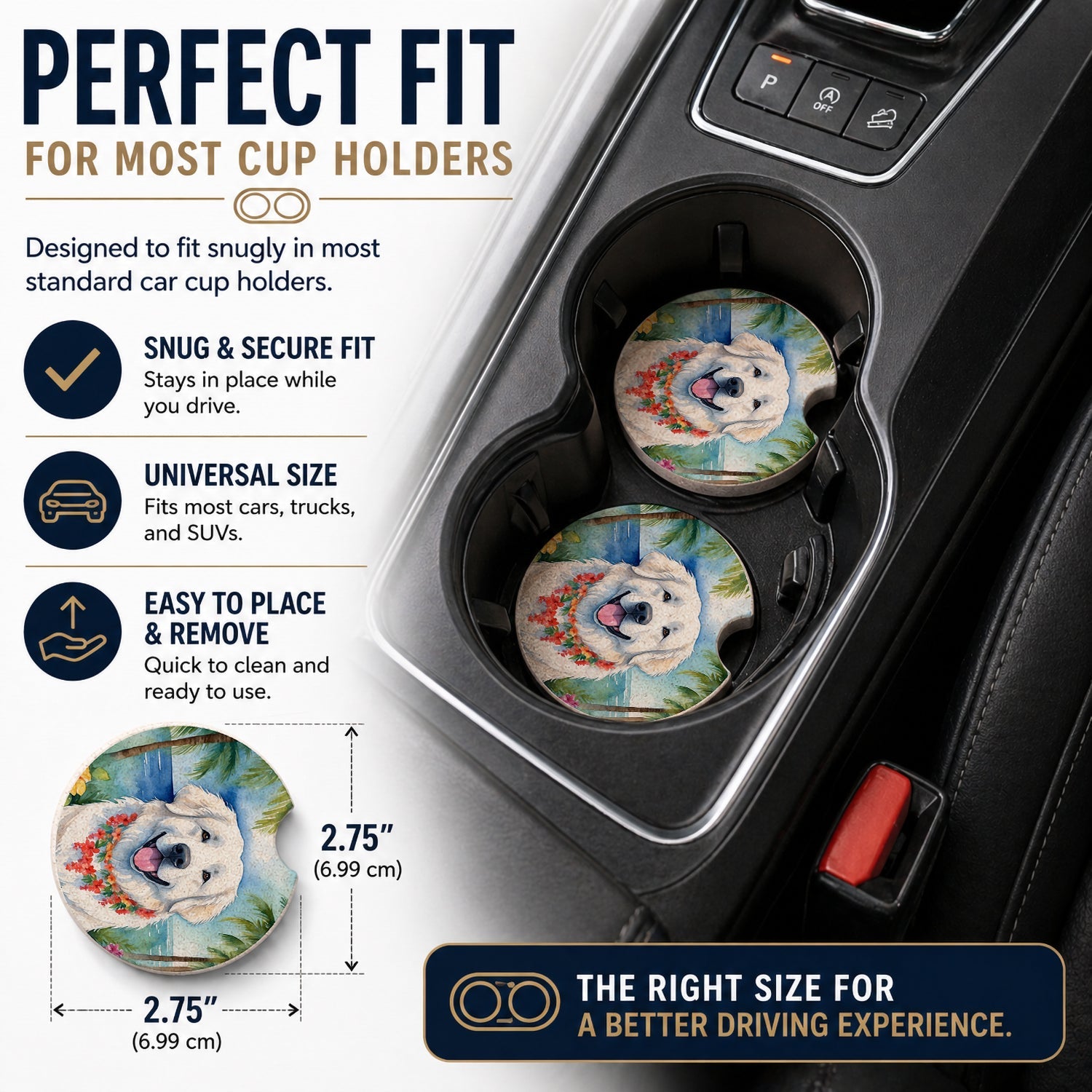 Great Pyrenees Luau Set of 2 Cup Holder Car Coasters Absorbent Round Sandstone Coasters Gifts for Men or Women, 2.5, Multicolor