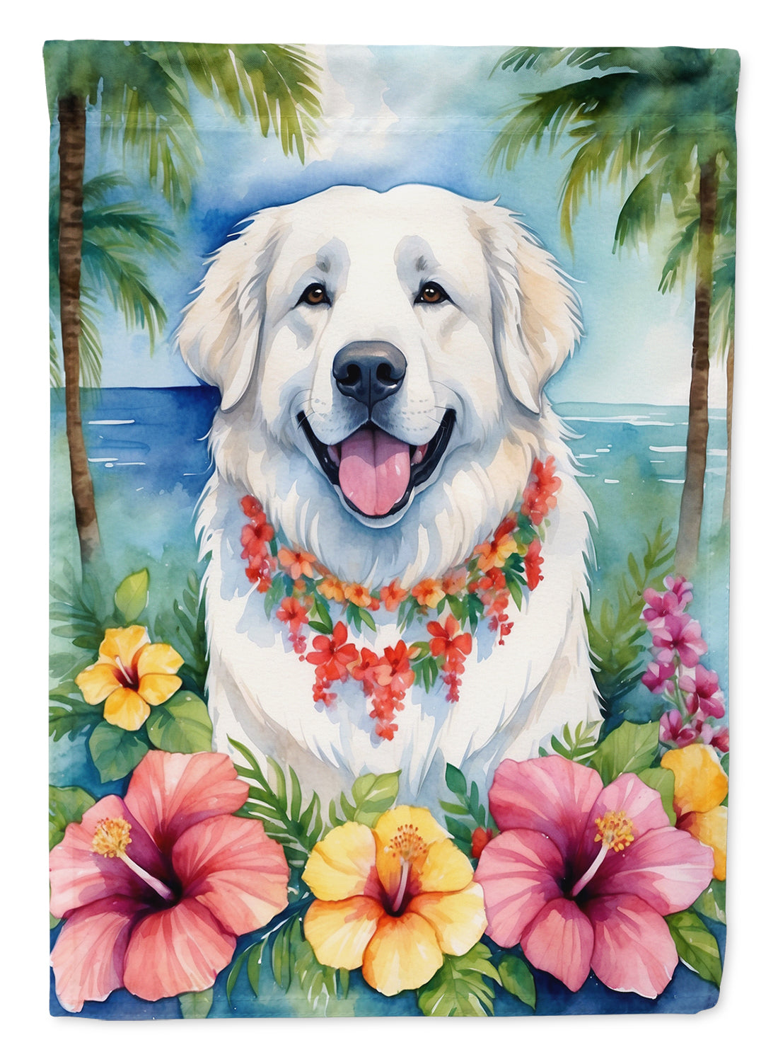 Great Pyrenees Luau House Flag 28x40 Porch Sleeve Pole Decorative Outside Yard Banner Artwork Wall Hanging, Polyester