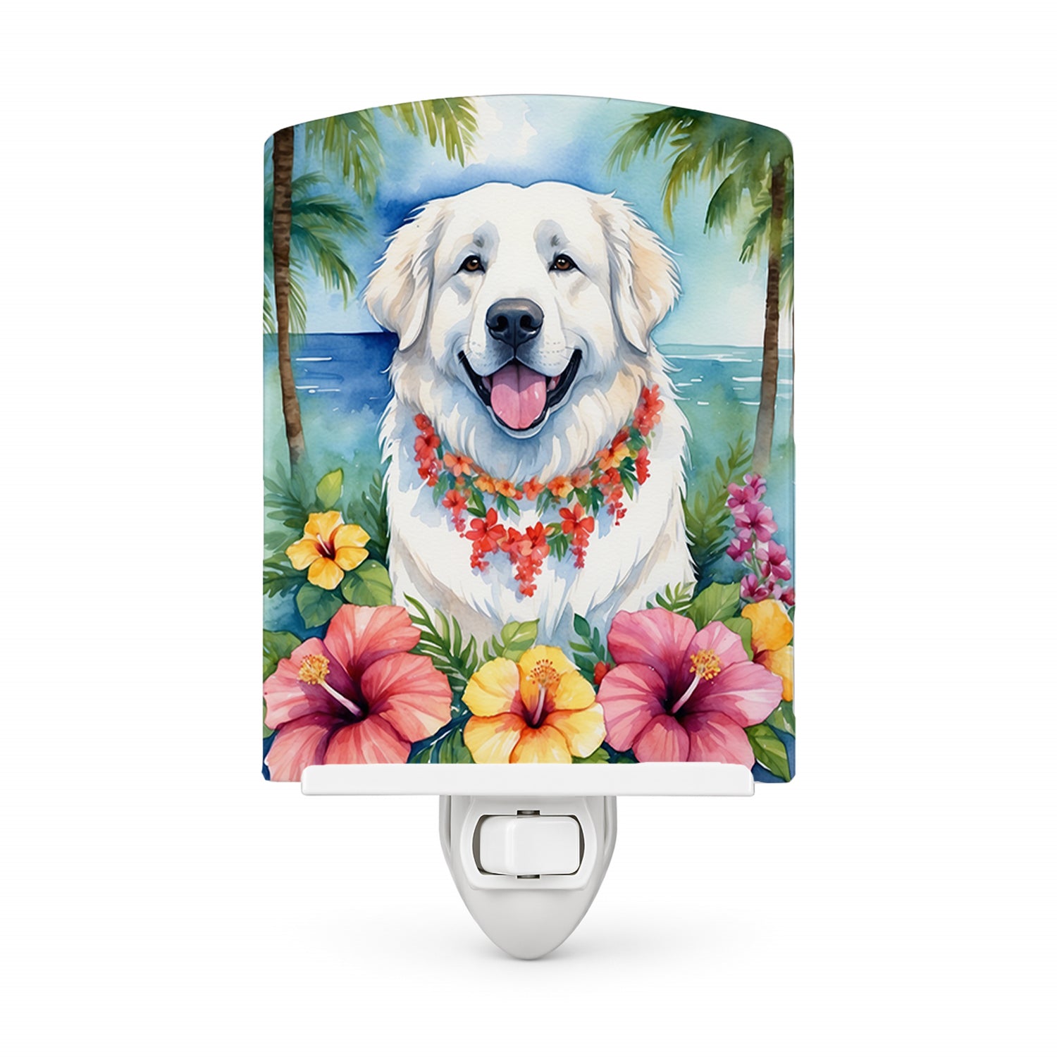 Great Pyrenees Luau Ceramic Night Light Compact, UL-Certified, Ideal for Bedroom, Bathroom, Nursery, Hallway, Kitchen, 6x4x3, Multicolor