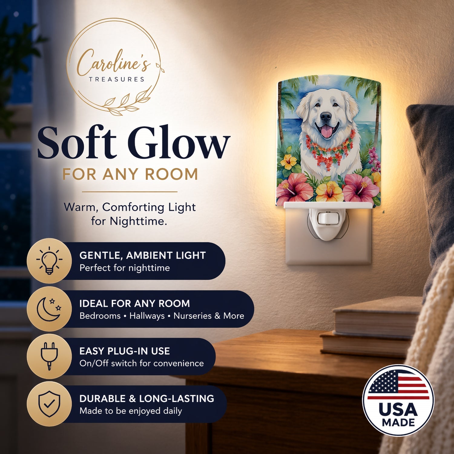 Great Pyrenees Luau Ceramic Night Light Compact, UL-Certified, Ideal for Bedroom, Bathroom, Nursery, Hallway, Kitchen, 6x4x3, Multicolor