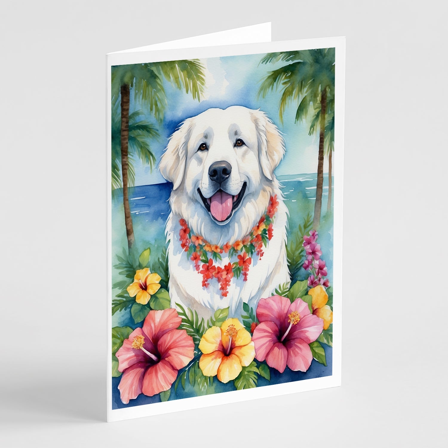 Great Pyrenees Luau Greeting Cards Pack of 8 Blank Cards with Envelopes Whimsical A7 Size 5x7