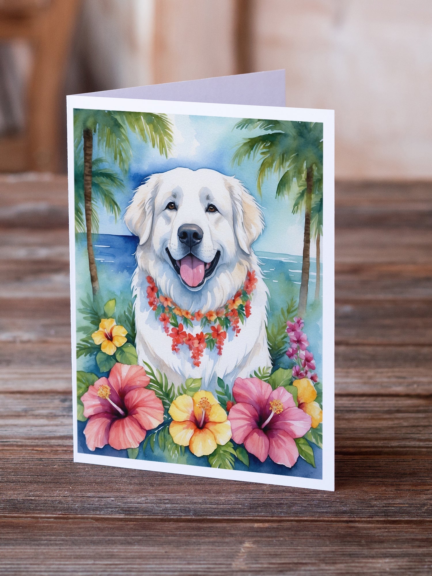 Great Pyrenees Luau Greeting Cards Pack of 8 Blank Cards with Envelopes Whimsical A7 Size 5x7