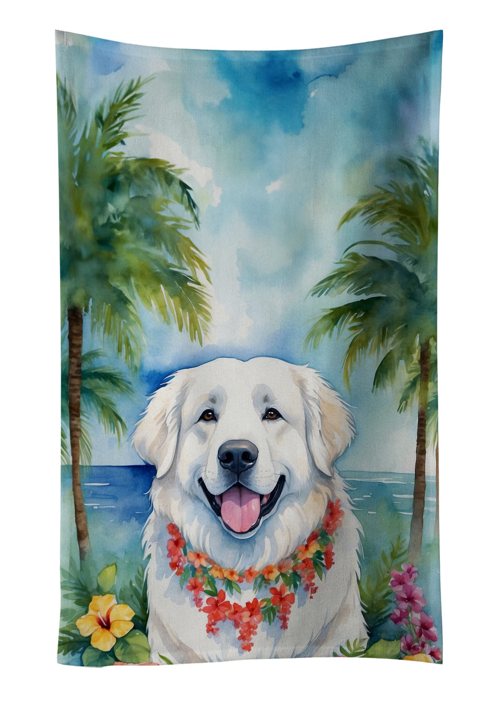 Great Pyrenees Luau Kitchen Towel Velour Plush Front and Cotton Loop Back Machine Washable