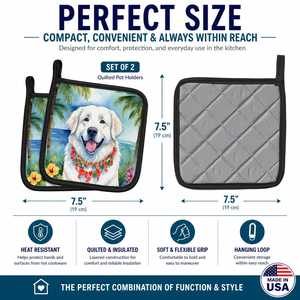 Great Pyrenees Luau Pot Holder Set of 2 Heat Resistant Quilted Hot Pads 7.5 x 7.5 Inch, Insulated Kitchen Trivets for Cooking & Baking