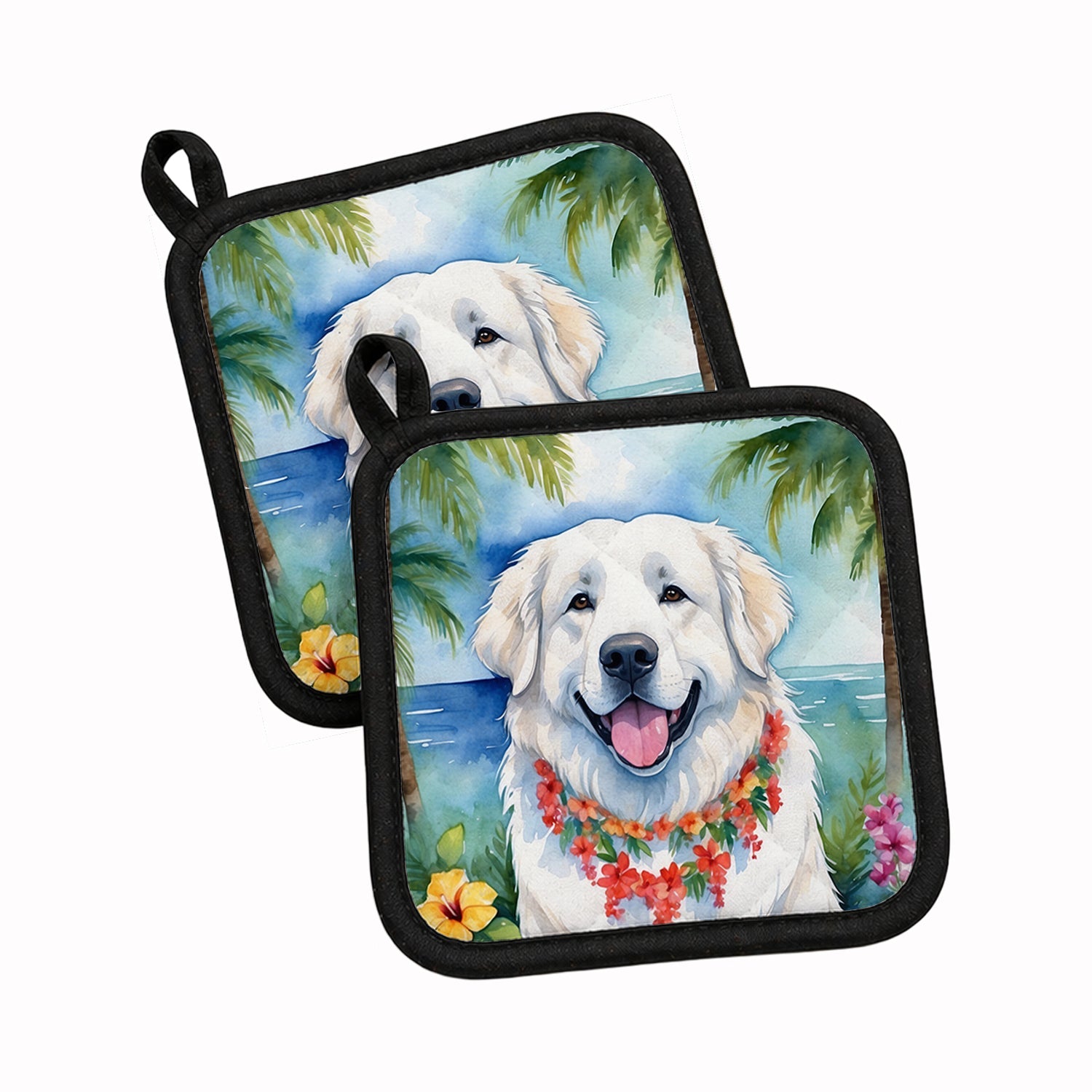 Great Pyrenees Luau Pot Holder Set of 2 Heat Resistant Quilted Hot Pads 7.5 x 7.5 Inch, Insulated Kitchen Trivets for Cooking & Baking