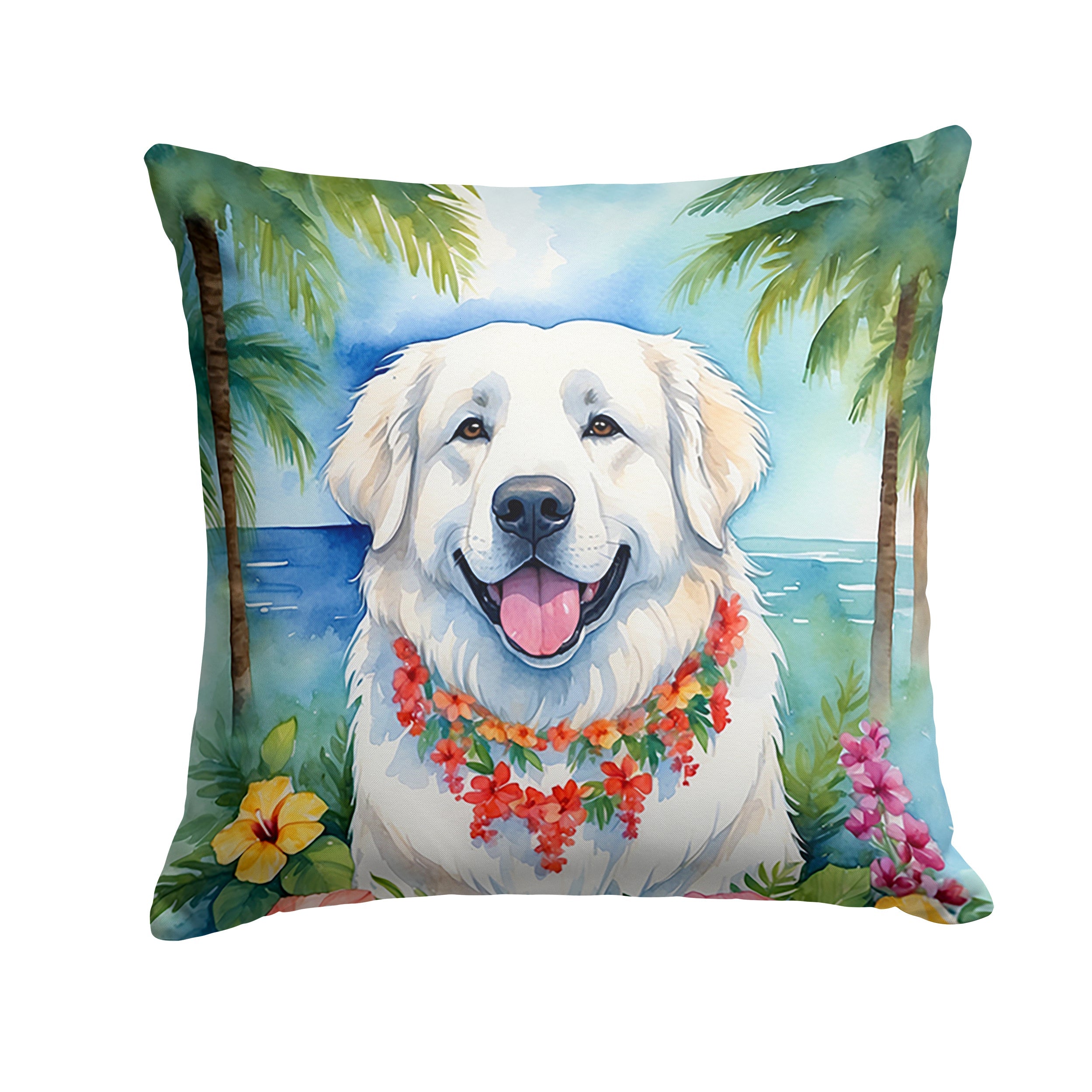 Great Pyrenees Luau Decorative Throw Pillow 14x14 Indoor Outdoor Accent Cushion, Fabric Cover with Insert for Sofa, Bed, Porch & Living Room