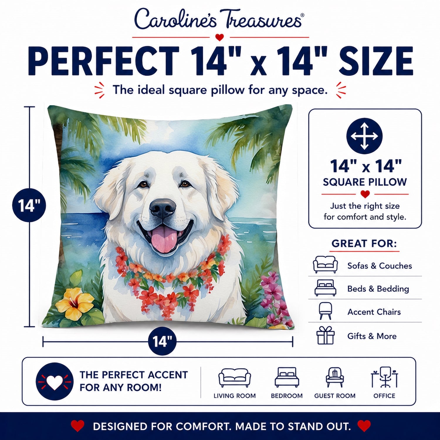 Great Pyrenees Luau Decorative Throw Pillow 14x14 Indoor Outdoor Accent Cushion, Fabric Cover with Insert for Sofa, Bed, Porch & Living Room