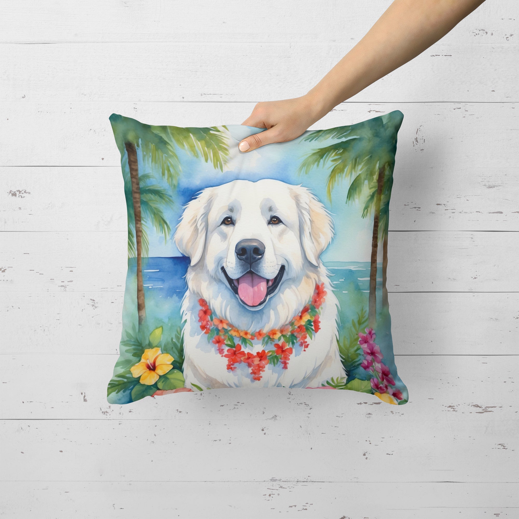 Great Pyrenees Luau Decorative Throw Pillow 18x18 Indoor Outdoor Accent Cushion, Fabric Cover with Insert for Sofa, Bed, Porch & Living Room