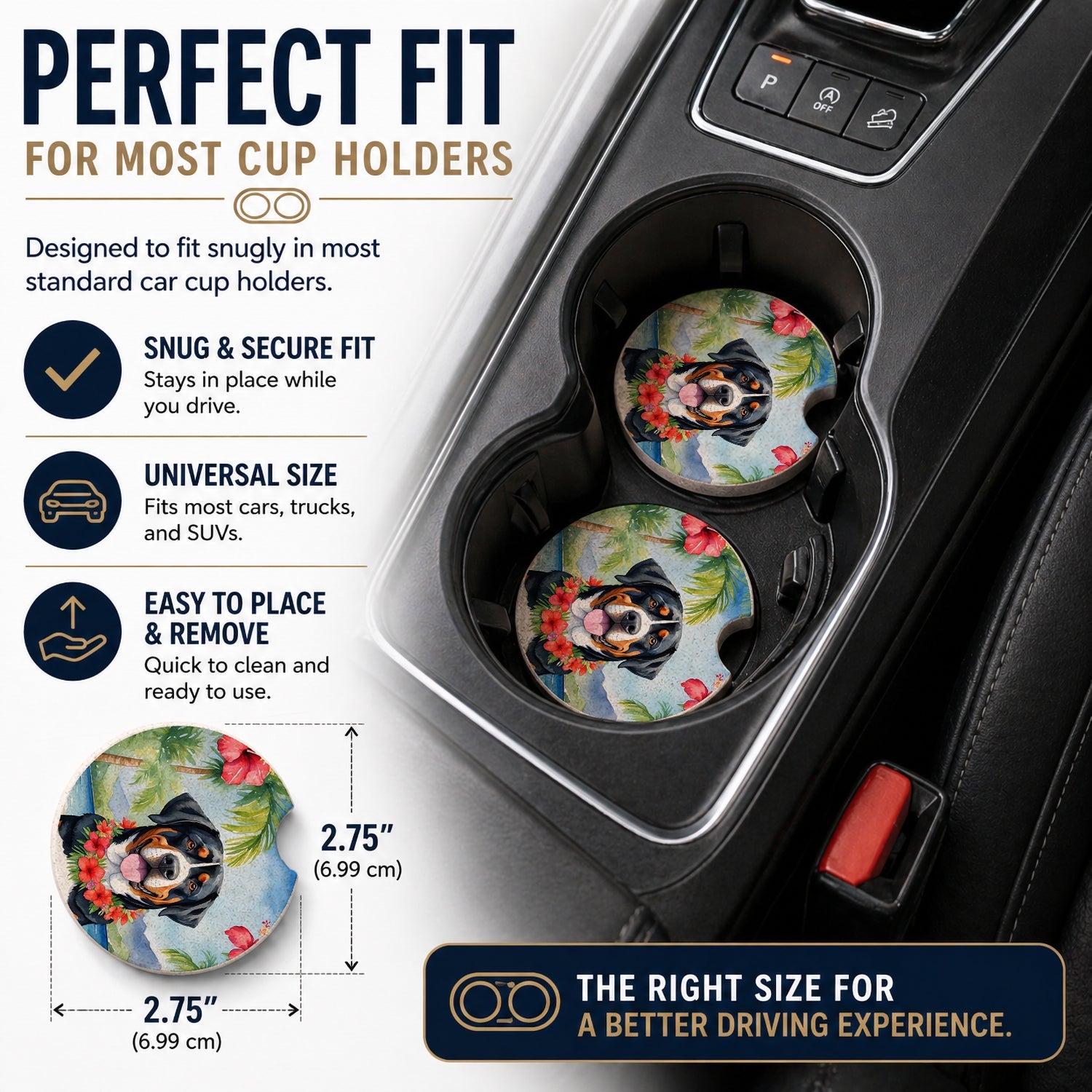 Greater Swiss Mountain Dog Luau Set of 2 Cup Holder Car Coasters Absorbent Round Sandstone Coasters Gifts for Men or Women, 2.5, Multicolor