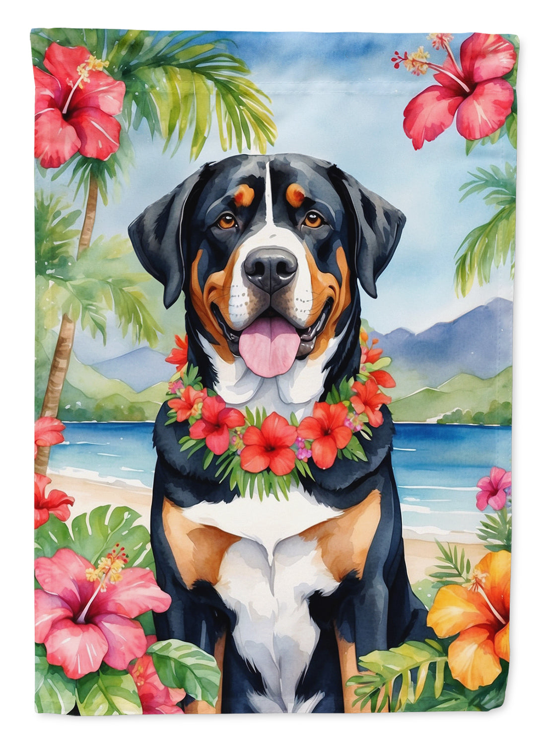 Greater Swiss Mountain Dog Luau House Flag 28x40 Porch Sleeve Pole Decorative Outside Yard Banner Artwork Wall Hanging, Polyester