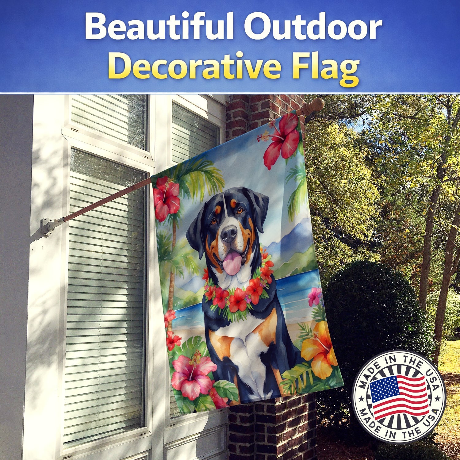 Greater Swiss Mountain Dog Luau House Flag 28x40 Porch Sleeve Pole Decorative Outside Yard Banner Artwork Wall Hanging, Polyester