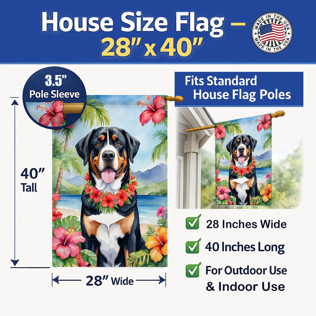 Greater Swiss Mountain Dog Luau House Flag 28x40 Porch Sleeve Pole Decorative Outside Yard Banner Artwork Wall Hanging, Polyester