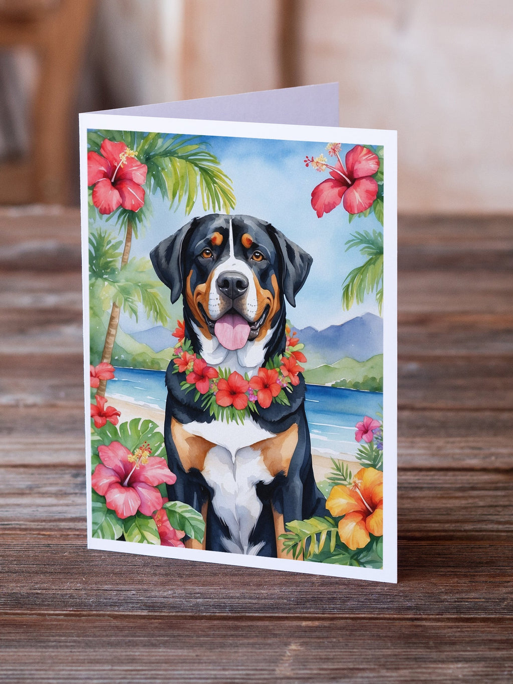Greater Swiss Mountain Dog Luau Greeting Cards Pack of 8 Blank Cards with Envelopes Whimsical A7 Size 5x7