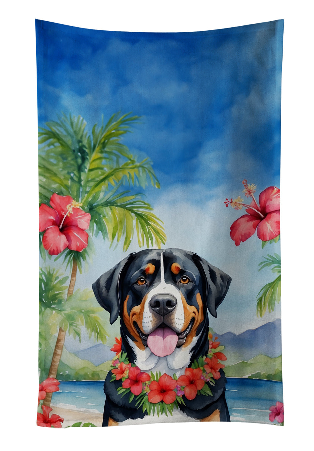 Greater Swiss Mountain Dog Luau Kitchen Towel Velour Plush Front and Cotton Loop Back Machine Washable