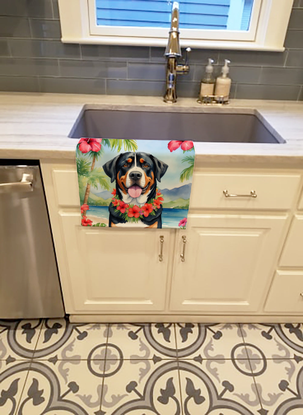 Greater Swiss Mountain Dog Luau Kitchen Towel Velour Plush Front and Cotton Loop Back Machine Washable