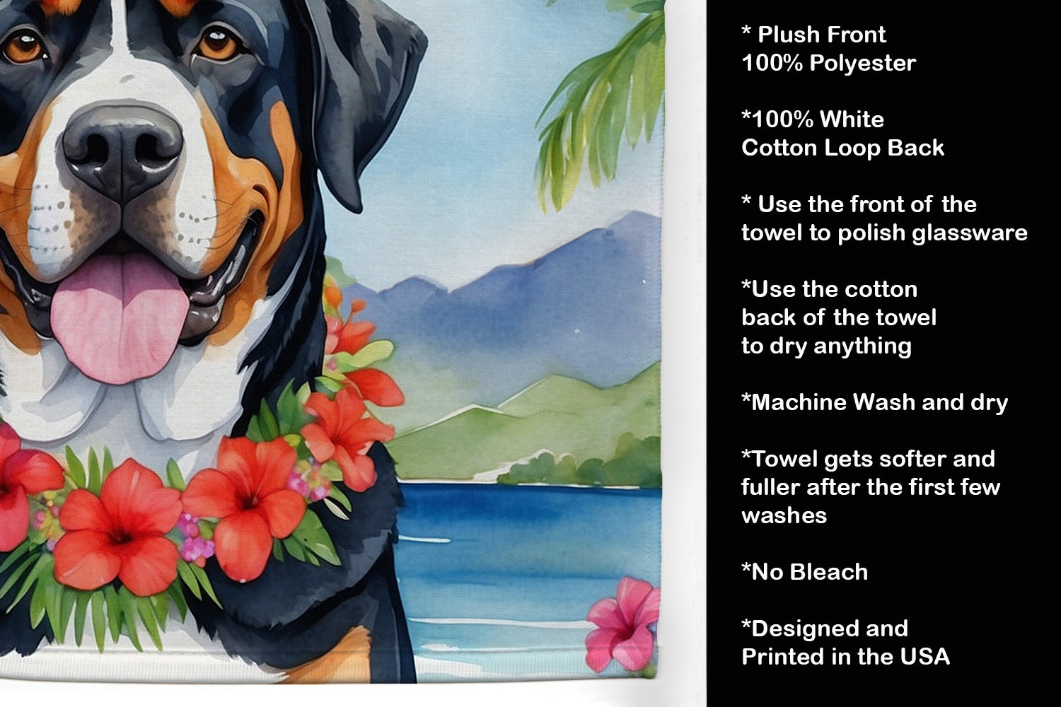 Greater Swiss Mountain Dog Luau Kitchen Towel Velour Plush Front and Cotton Loop Back Machine Washable