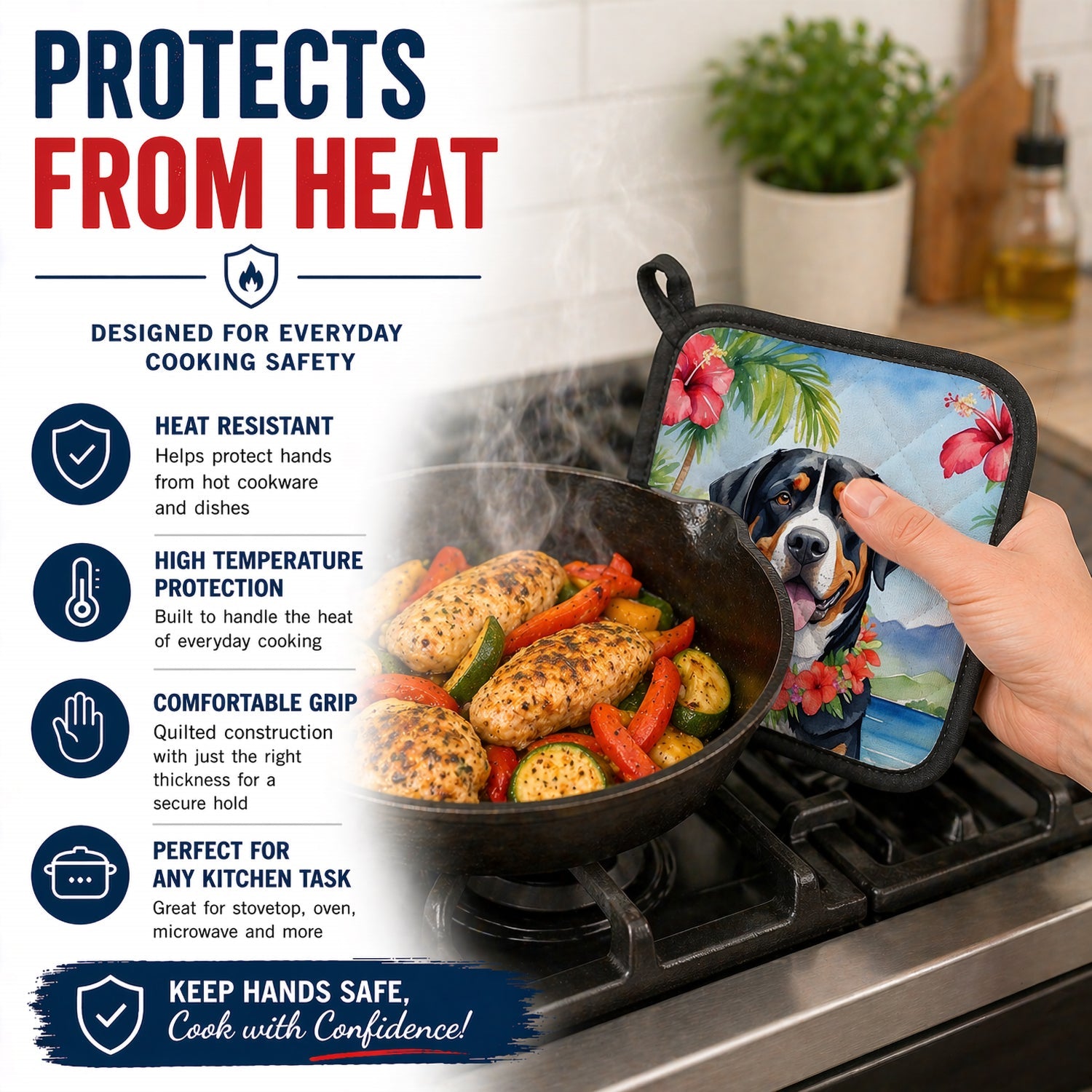 Greater Swiss Mountain Dog Luau Pot Holder Set of 2 Heat Resistant Quilted Hot Pads 7.5 x 7.5 Inch, Insulated Kitchen Trivets for Cooking & Baking