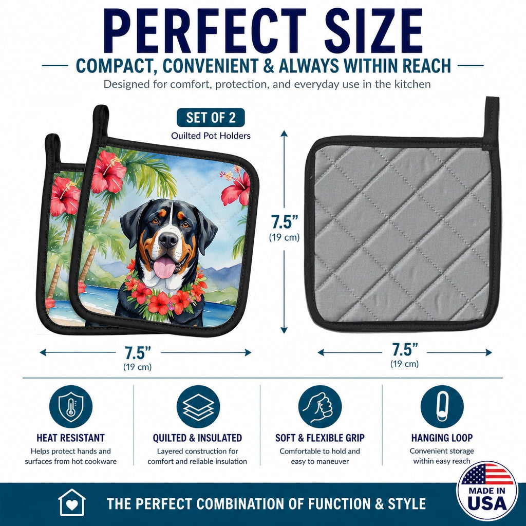 Greater Swiss Mountain Dog Luau Pot Holder Set of 2 Heat Resistant Quilted Hot Pads 7.5 x 7.5 Inch, Insulated Kitchen Trivets for Cooking & Baking