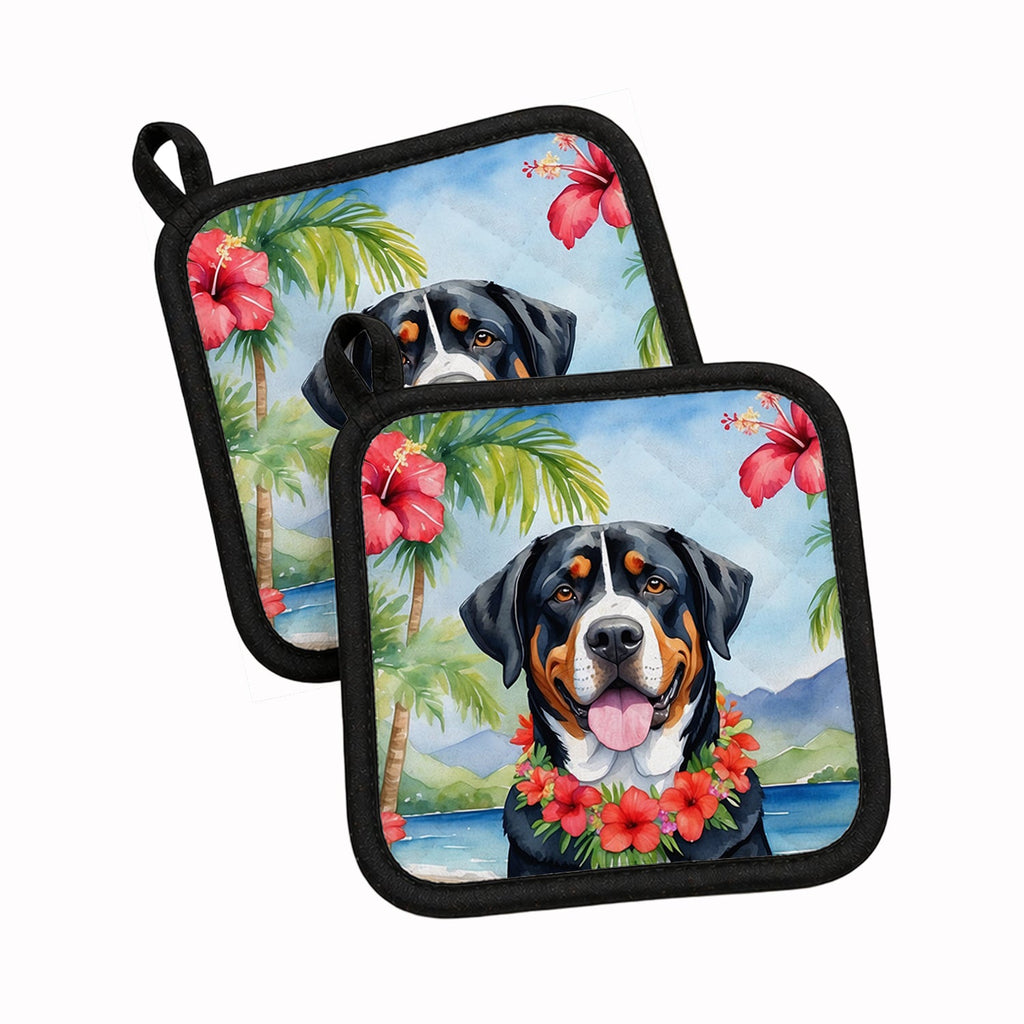 Greater Swiss Mountain Dog Luau Pot Holder Set of 2 Heat Resistant Quilted Hot Pads 7.5 x 7.5 Inch, Insulated Kitchen Trivets for Cooking & Baking