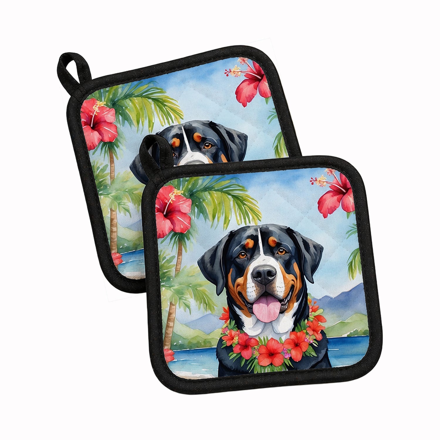 Greater Swiss Mountain Dog Luau Pot Holder Set of 2 Heat Resistant Quilted Hot Pads 7.5 x 7.5 Inch, Insulated Kitchen Trivets for Cooking & Baking