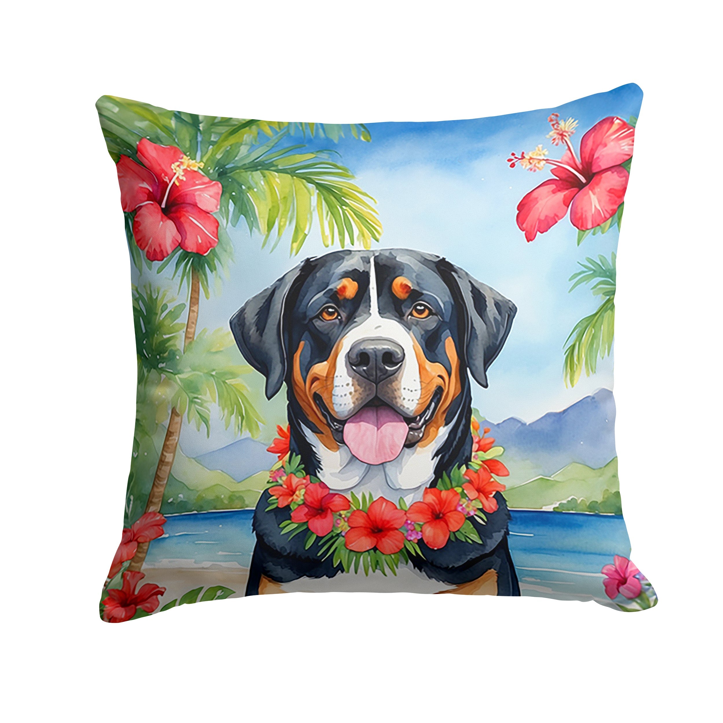 Greater Swiss Mountain Dog Luau Decorative Throw Pillow 14x14 Indoor Outdoor Accent Cushion, Fabric Cover with Insert for Sofa, Bed, Porch & Living Room