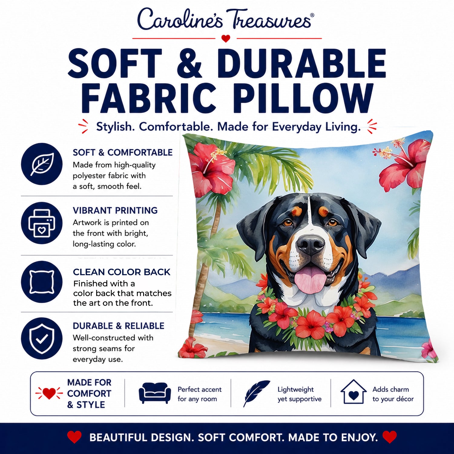 Greater Swiss Mountain Dog Luau Decorative Throw Pillow 14x14 Indoor Outdoor Accent Cushion, Fabric Cover with Insert for Sofa, Bed, Porch & Living Room