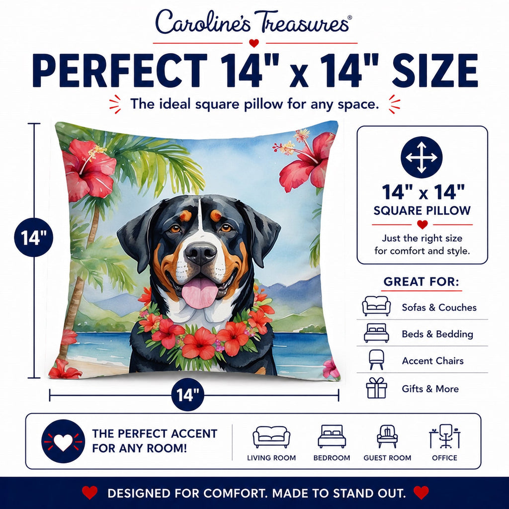 Greater Swiss Mountain Dog Luau Decorative Throw Pillow 14x14 Indoor Outdoor Accent Cushion, Fabric Cover with Insert for Sofa, Bed, Porch & Living Room
