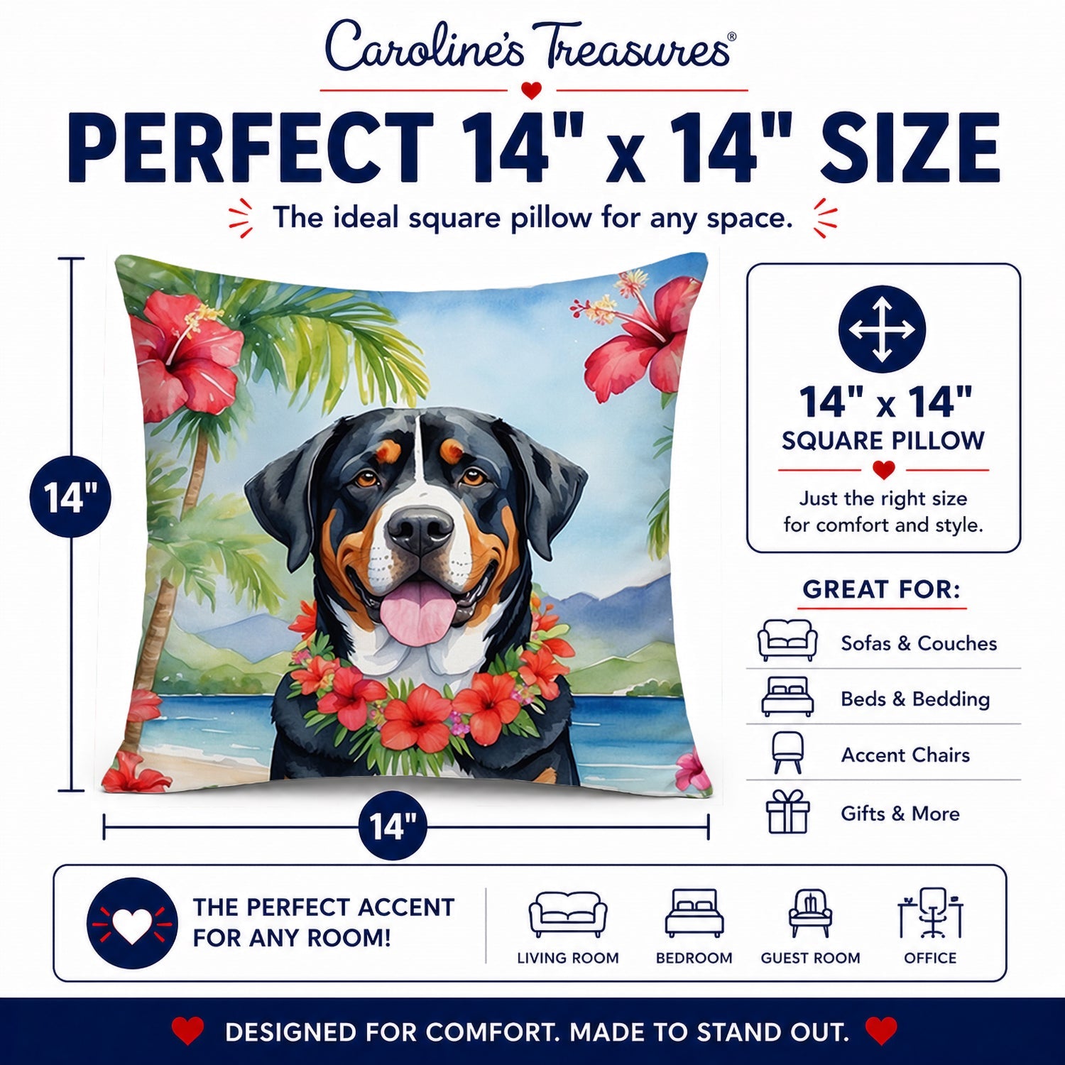 Greater Swiss Mountain Dog Luau Decorative Throw Pillow 14x14 Indoor Outdoor Accent Cushion, Fabric Cover with Insert for Sofa, Bed, Porch & Living Room