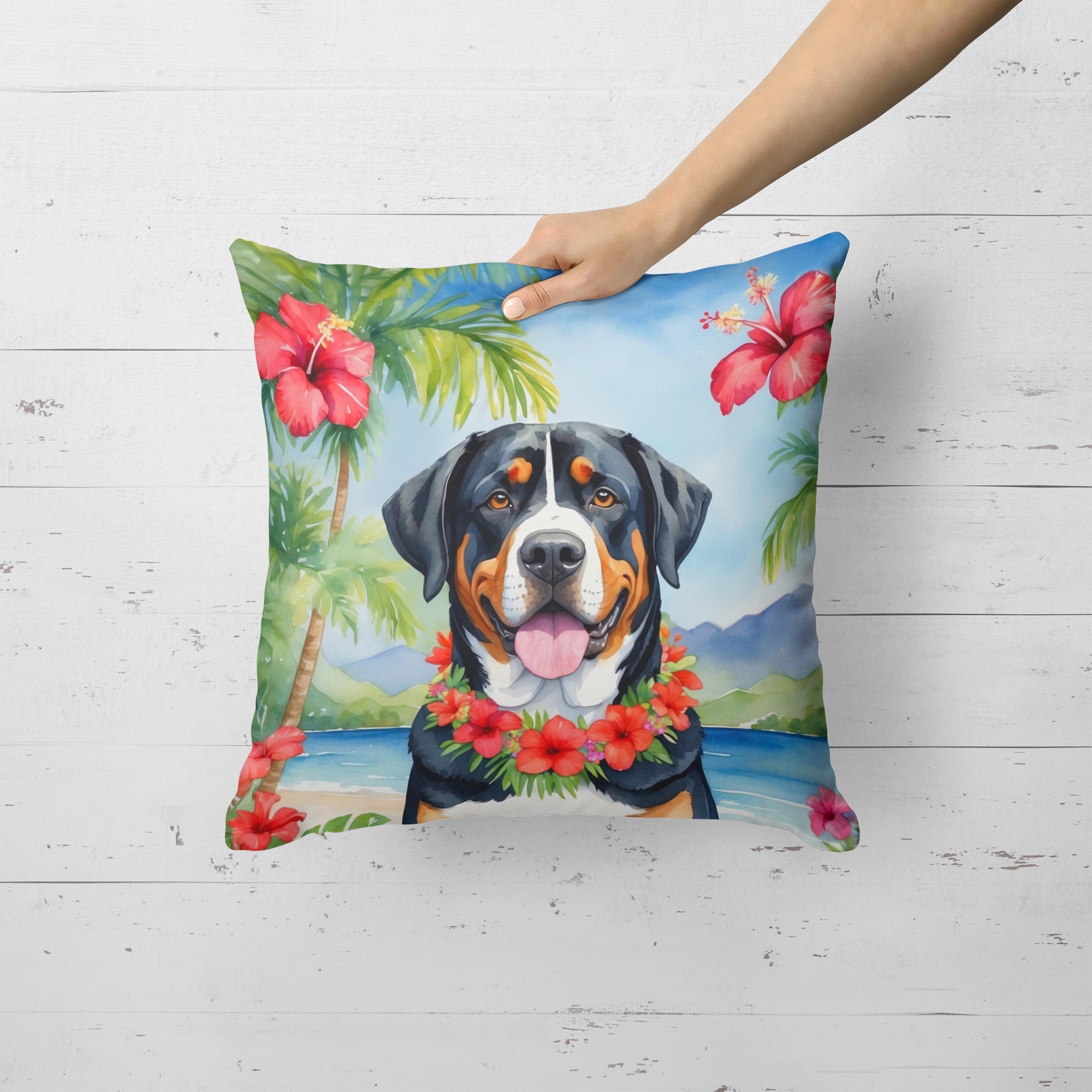 Greater Swiss Mountain Dog Luau Decorative Throw Pillow 18x18 Indoor Outdoor Accent Cushion, Fabric Cover with Insert for Sofa, Bed, Porch & Living Room