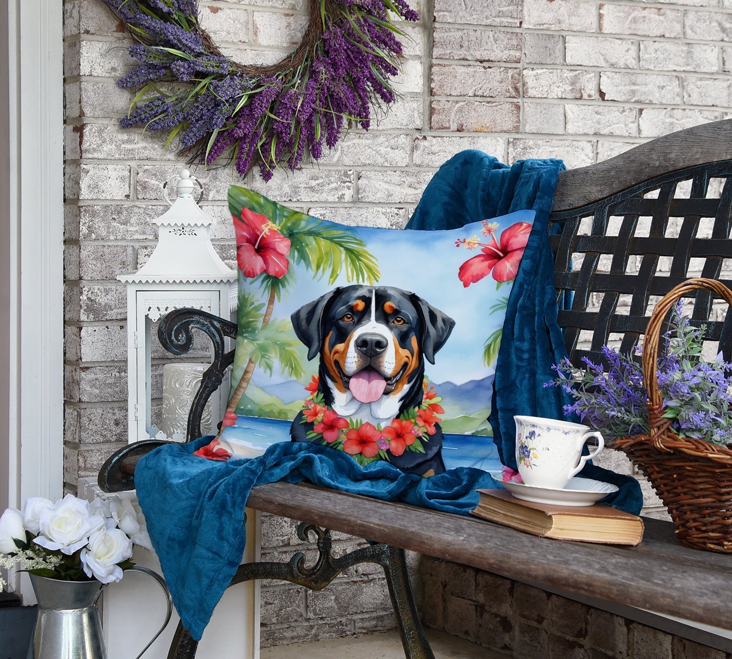 Greater Swiss Mountain Dog Luau Decorative Throw Pillow 18x18 Indoor Outdoor Accent Cushion, Fabric Cover with Insert for Sofa, Bed, Porch & Living Room