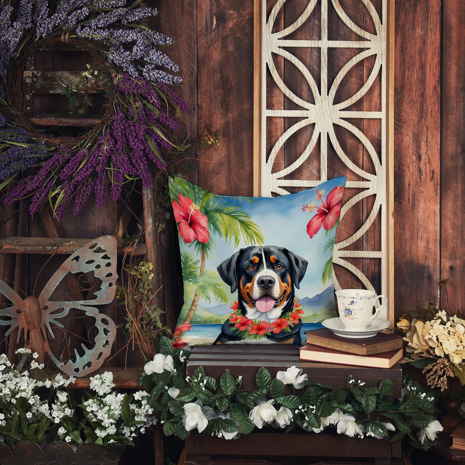 Greater Swiss Mountain Dog Luau Decorative Throw Pillow 18x18 Indoor Outdoor Accent Cushion, Fabric Cover with Insert for Sofa, Bed, Porch & Living Room