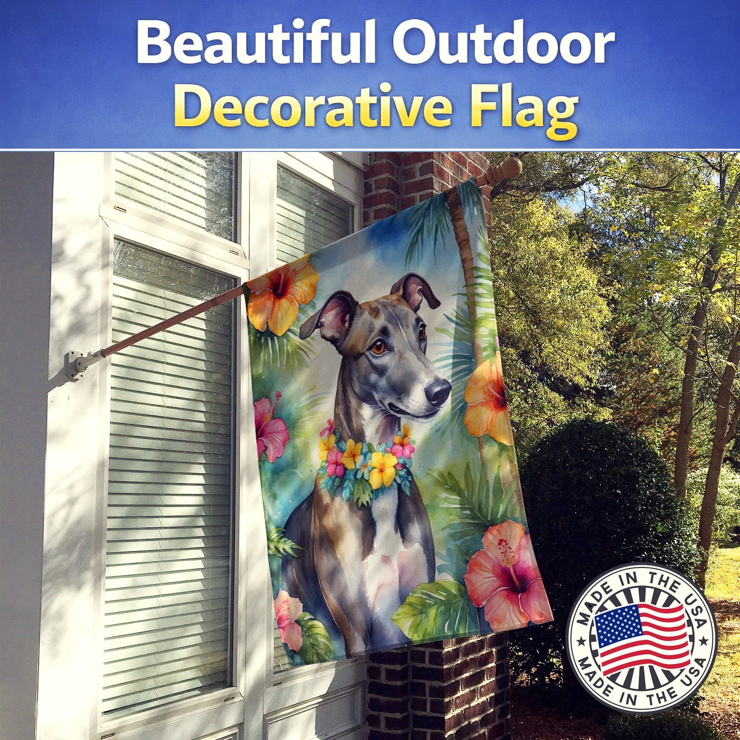 Greyhound Luau House Flag 28x40 Porch Sleeve Pole Decorative Outside Yard Banner Artwork Wall Hanging, Polyester
